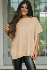 Apricot Side Slit Short Sleeve Oversized Sweater - Ninonine