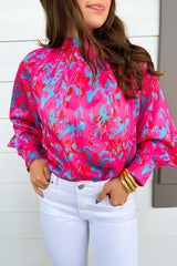 Purple Abstract Mock Neck Puff Sleeve Blouse