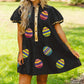 Black Easter Egg Sequin Half Button Neck Puff Sleeve Graphic Dress