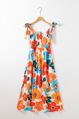 Orange 60s Floral Printed Shoulder Tie Smocked Maxi Dress