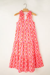 Pink Abstract Print Frill Split Neck Tiered Maxi Dress