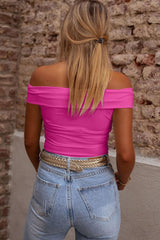 Bright Pink Solid Color Folded Off Shoulder Slim Blouse