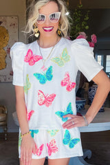 White Colorful Sequin Butterfly Pattern Puff Sleeve Top & Shorts Set
