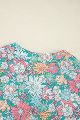 Multicolour Floral Print Short Puff Sleeve V Neck Boho Peplum Blouse