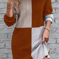 Chestnut Ribbed Color Block Drop Shoulder Long Sleeve Short Dress