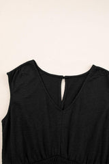 Black Shirred High Waist V Neck Sleeveless Jumpsuit