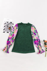Mist Green Ribbed Frill Neck Floral Print Long Sleeve Top