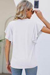 White Casual Plain V Neck Ruffle Sleeve T Shirt - Ninonine