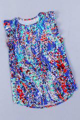 Dark Blue Abstract Print Babydoll Ruffle Sleeveless Shirt