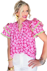 Pink Contrast Ric Rac Layered Ruffle Sleeve Floral Blouse