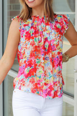Multicolor Boho Floral Frill Neck Pleated Sleeveless Shirt - Ninonine
