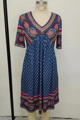Bluing Casual Ethnic Print Short Sleeve Midi Dress