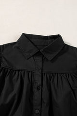Black Ruched Puff Sleeve Loose Buttoned Up Blouse