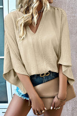 Parchment Solid Color Crinkled V Neck Ruffled Sleeve Blouse