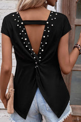 Black Pearls Embellished Twist Backless Tee