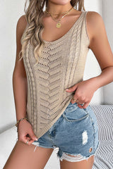 Parchment Solid V-neck Hollowed Out Knit Cami Top
