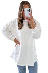 White Twist Textured Long Sleeve Plain Pullover