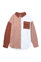 Brown Color Block Pockets Textured Long Sleeve Shacket