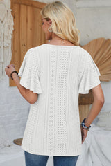 White Solid Color V Neck Ruffle Sleeve Loose T Shirt