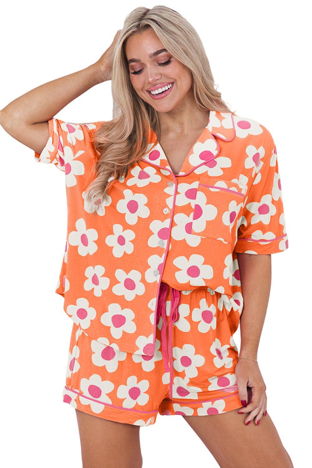 Orange Flower Print Buttoned Shirt and Drawstring Waist Pajama Set - Ninonine