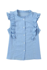 Light Blue Ruffle Trim Sleeveless Button Up Shirt - Ninonine