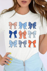 White Stars and Strip Bowknot Graphic Crew Neck Tee