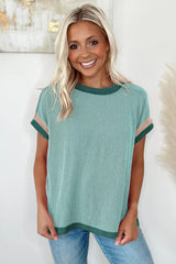 Grass Green Textured Contrast Color Round Neck T Shirt