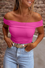 Bright Pink Solid Color Folded Off Shoulder Slim Blouse