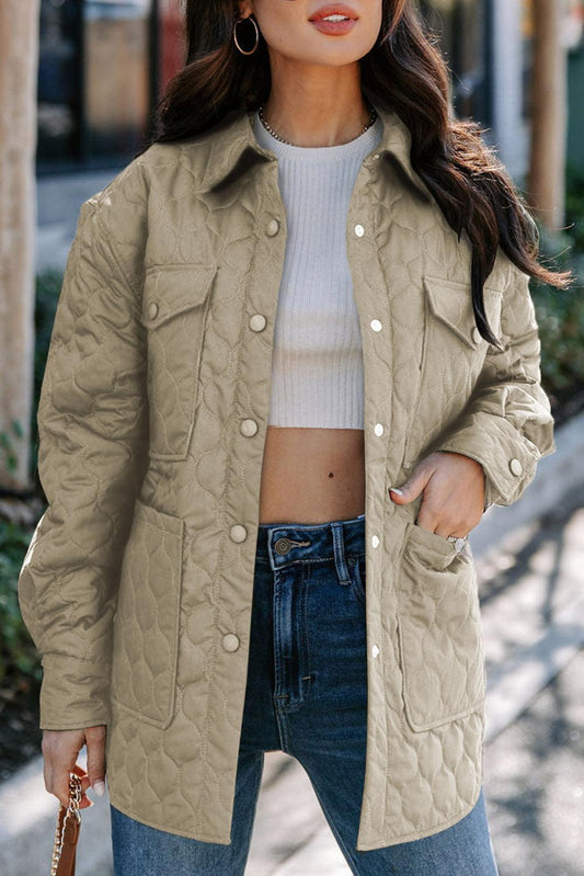 Beige Big Pockets Quilted Button Down Puffer Coat