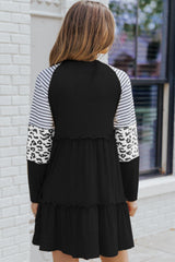 Black Striped Leopard Patchwork Pleated Long Sleeve Dress - Ninonine