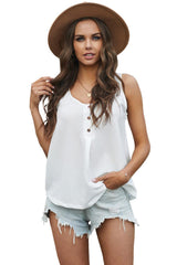 White Scoop Neck Loose Fit Button Front Tank Top for Women