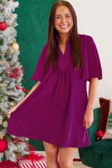 Rose Red Notched Neck Wide Sleeve Pleated Plus Size Dress - Ninonine