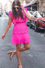 Bright Pink Pleated Layered Ruffle Sleeveless Mini Dress - Ninonine