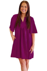 Rose Red Notched Neck Wide Sleeve Pleated Plus Size Dress - Ninonine