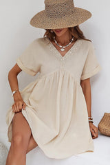 Beige Lace Splicing V Neck Rolled Up Sleeve Empire Waist Mini Dress