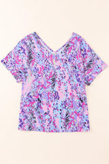 Pink Boho Abstract Floral Print V Neck T Shirt - Ninonine
