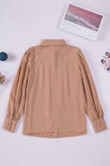 Khaki Solid Color Casual Button Up Puff Sleeve Pleated Shirt