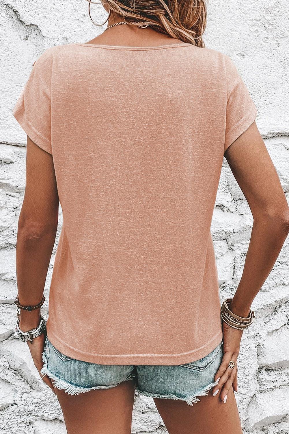 Apricot Pink Solid Color Button Decor Batwing Sleeve Tee - Ninonine