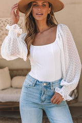White Casual Solid Swiss Dot Ribbed Puff Sleeve Bodysuit