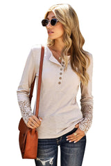 Beige Ribbed Lace Crochet Long Sleeve Henley Shirt for Women - Ninonine