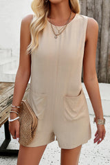 Beige Casual Solid Color Pocketed Sleeveless Romper