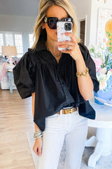 Black Ruched Puff Sleeve Loose Buttoned Up Blouse