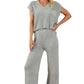 Gray Knitted V Neck Sweater and Wide Leg Pants Set
