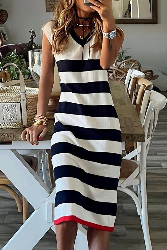 Stripe Elegant V Neck Cap Sleeve Midi Dress