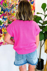 Bright Pink Contrast Trim Flower Knitwear Top