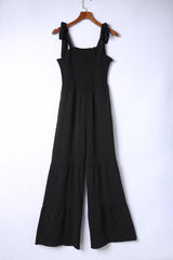 Black Tie Straps Shirred Casual Tiered Wide Leg Jumpsuit