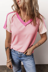 Pink Exposed Seam Patchwork Waffle Knit V Neck T Shirt