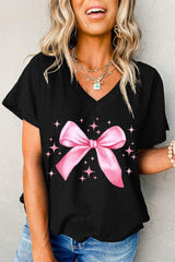 Black Textured Bowknot Starry Graphic V Neck T Shirt