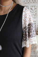 Black Casual Leopard Lace Splicing Sleeve Patchwork Rib-Knit Top