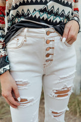 White Distressed Buttons High Waisted Flare Jeans